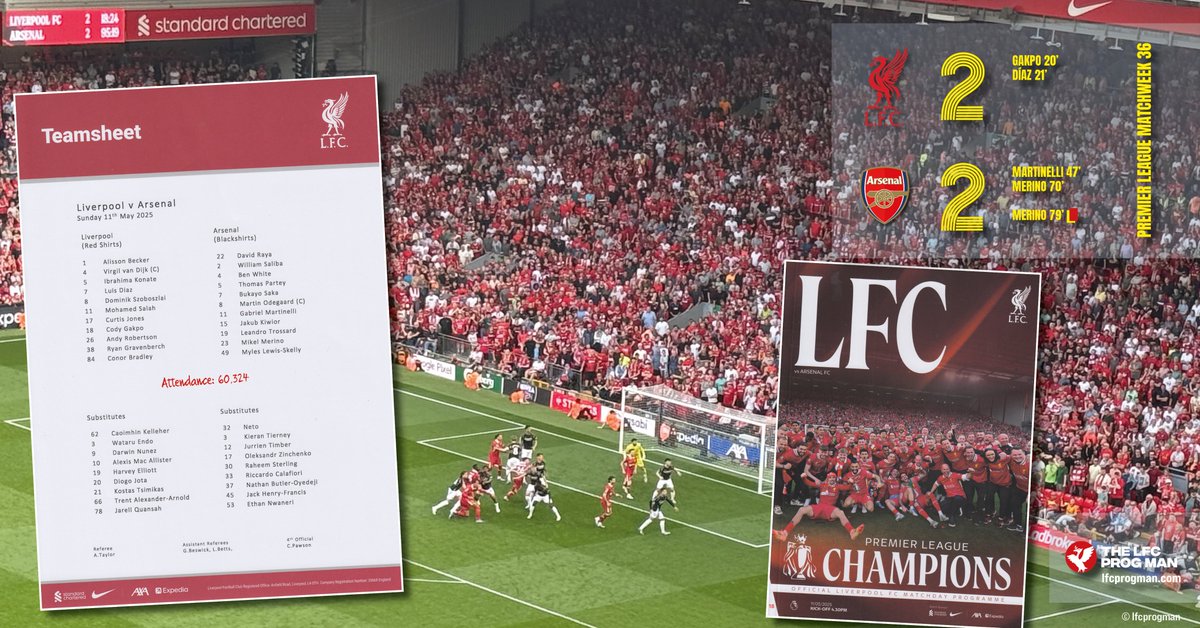 Liverpool v Arsenal 11/5/2025 #EPL #LIVARS 84-page programme (No. 18) &amp; teamsheet
👀Inside the #LFCPROG 'Not Nineteen Forever' by <a href="/chrismackop/">Chris Mac</a> recollects moments from that Sunday afternoon - a fortnight ago - that will live long in the memory of all #LFC fans 😀 #Champions 🏆