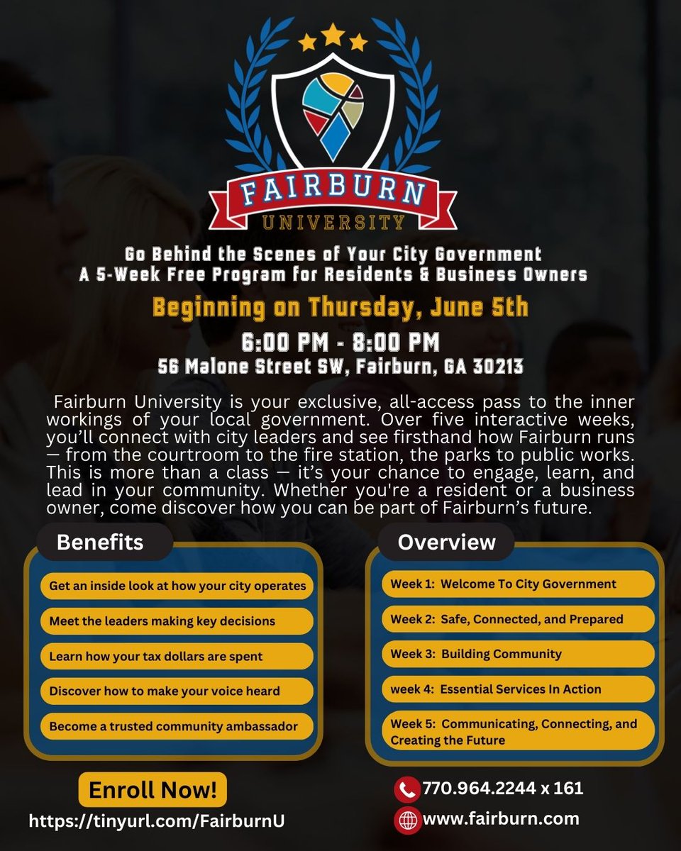 Welcome to Fairburn University!  This installment is all about providing residents and business owners with a firsthand look at how our local government works. 

📚 Visit tinyurl.com/FairburnU to enroll 

#OneFairburn #FairburnGA #FairburnUniversity #CommunityEngagement