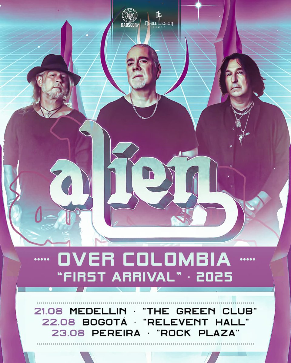 La legendaria banda sueca de AOR, Alien, visitará Colombia por primera vez en agosto de 2025 como parte de su gira sudamericana. Este tour incluye presentaciones en Medellín, Bogotá y Pereira, y está organizado por Kaos Corp y Noble Legion Group.