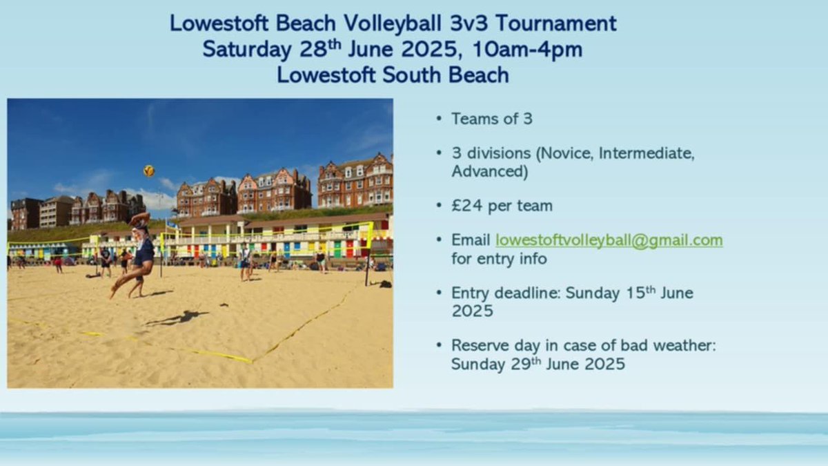 It's back! 👏🔥

Lowestoft Beach Volleyball 3v3 Tournament 🏐

All information can be found in the image 😊