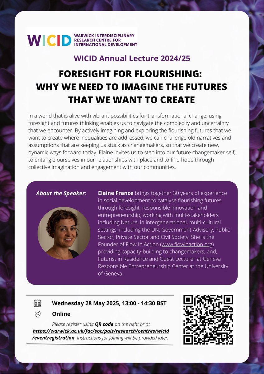 📢 EVENT ALERT: WICID Annual Lecture 2024/25 by Elaine France 
📅 Wednesday 28 May, 13:00-14:30 BST 
📍 Online (Instructions will be provided later) 
All are welcome! Please see below for more information and register here: warwick.ac.uk/fac/soc/pais/r…