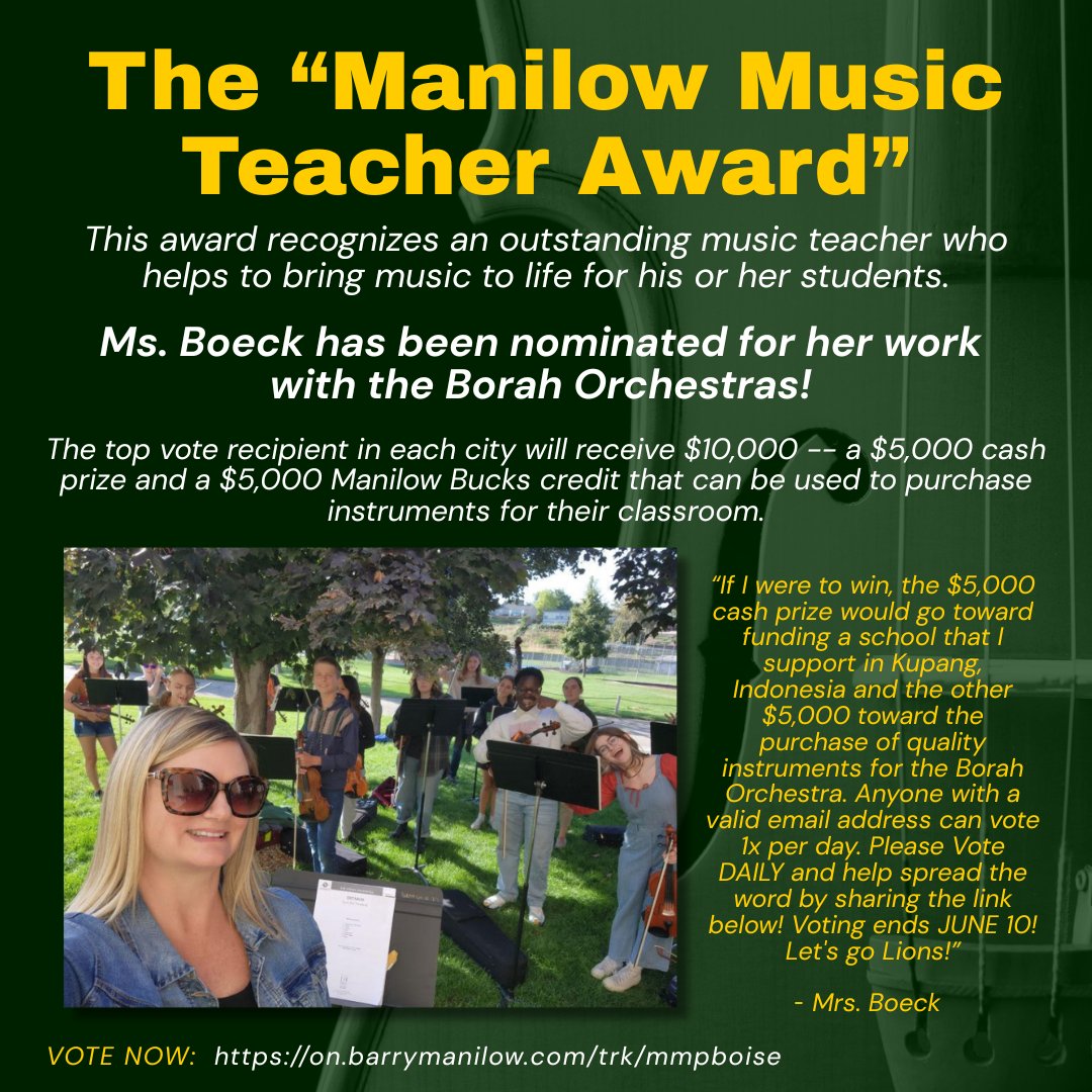 Ms. Boeck has been nominated! She needs our help to win. Voting is open now and ends June 10th!

VOTE NOW:  on.barrymanilow.com/trk/mmpboise