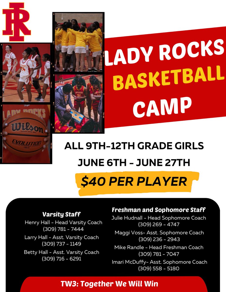 It's almost time for our Lady Rocks Summer Basketball Camps.  Grades 3rd thru 7th will attend our Hall Academy Summer Skills Camp. Grades 8th thru 11th will be attend our Lady Rocks High School Basketball Camp!  See Attached link for details. #TW3
athletics.rimsd41.org/o/athletics/ar…