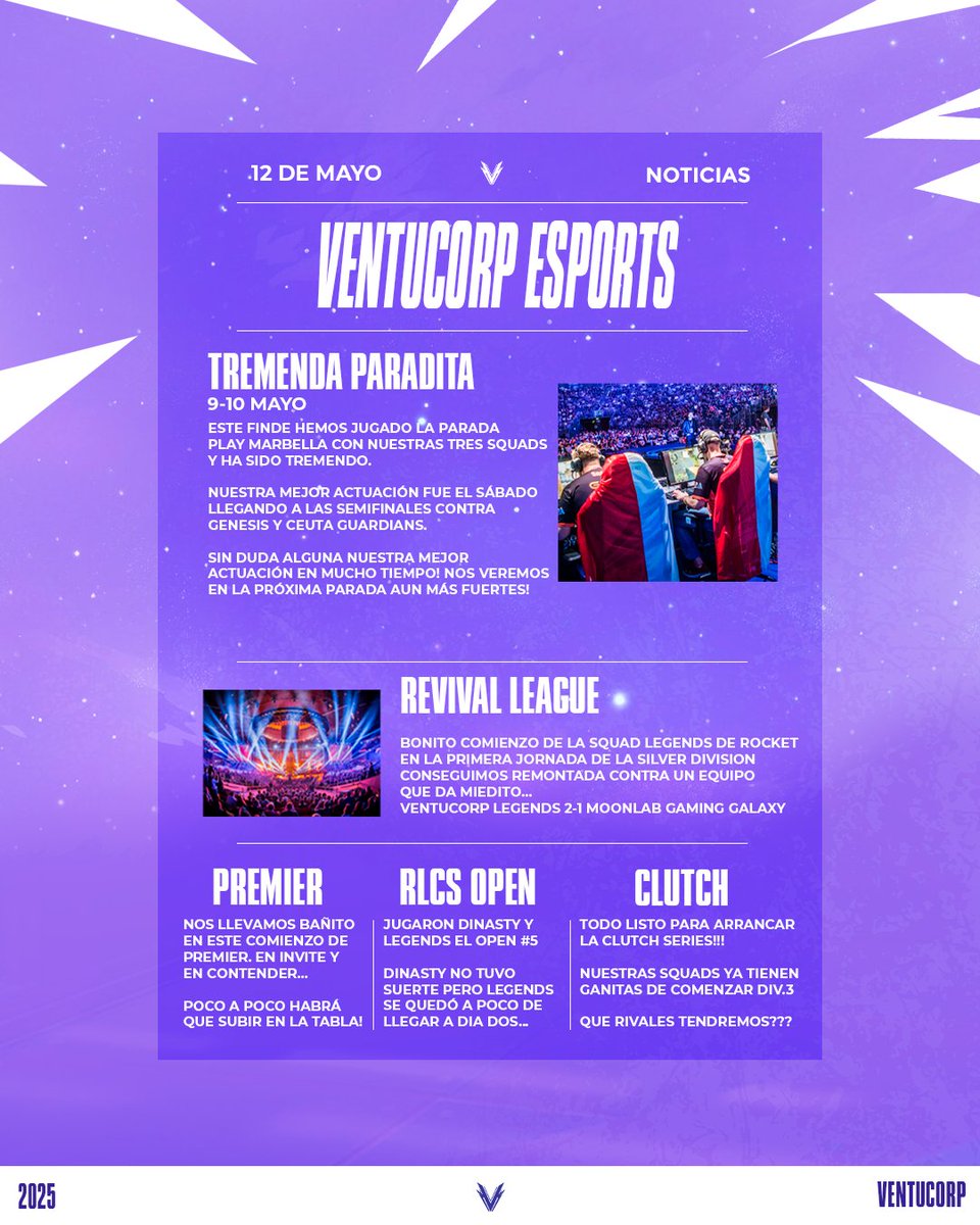 📰💜VentuNews #10

🔹Tremenda paradita #PlayMarbella vivimos el finde!

🔹La primera jornada de la #RevivalLeague fue puro espectáculo.

🔹Premier por ahora se nos atasca...
 
🔹RLCS de locos! Apuntito de dia dosss.
 
🔹Clutch comienza esta semana!!!

#VentuCorpForever