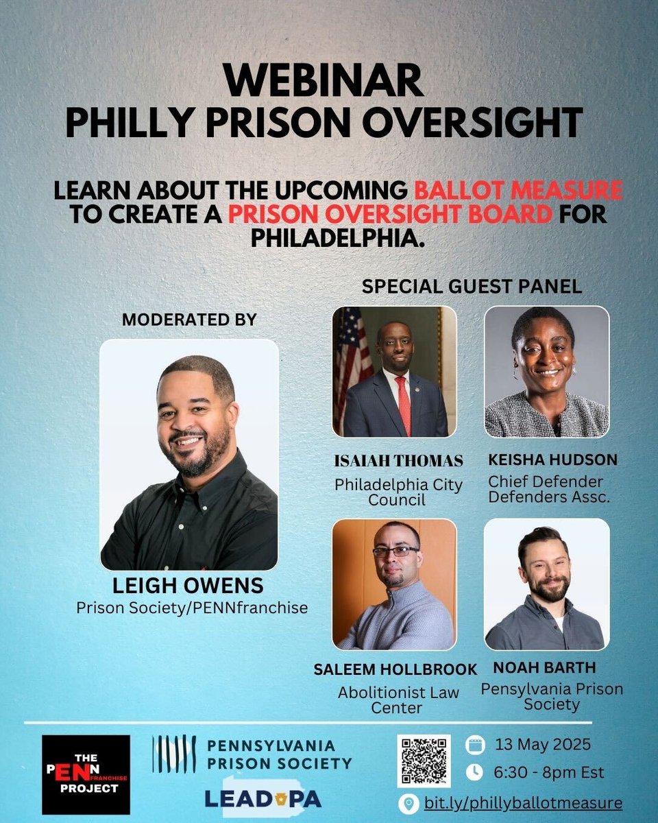 Join advocates and local leaders for a powerful conversation on why oversight in Philly jails matters now more than ever and learn about the ballot measure to create a prison oversight board in Philadelphia. Tune into the webinar tomorrow: bit.ly/phillyballotme…