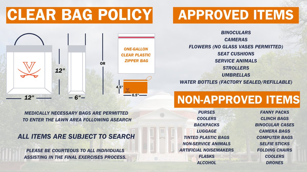 🎓 Headed to Final Exercises? The clear bag policy will be in effect. Please arrive early, stay patient, and help us keep the Lawn safe. #UVAFinals #FinalExercises