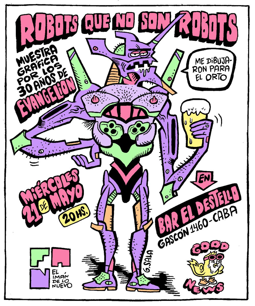 A 30 años del lanzamiento de Evangelion, armamos una muestra de ilustraciones exclusivas: ROBOTS QUE NO SON ROBOTS. Casi 30 artistas + DJ set de Misato (<a href="/waifupopular/">Valky</a>) + flyer de <a href="/tintadown/">Gustavo Sala</a> + mangas de regalo + club de dibujo de Good News y más. Miércoles 21, a las 20:00. RT!