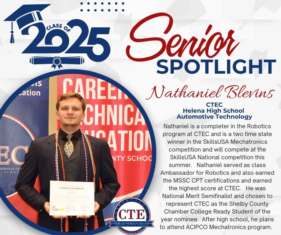 During the month of May, we are spotlighting seniors who are in our CTE programs who plan to pursue a career in that same program! Congratulations to Nathaniel Blevins from Helena High School! #senior #HHS #robotics