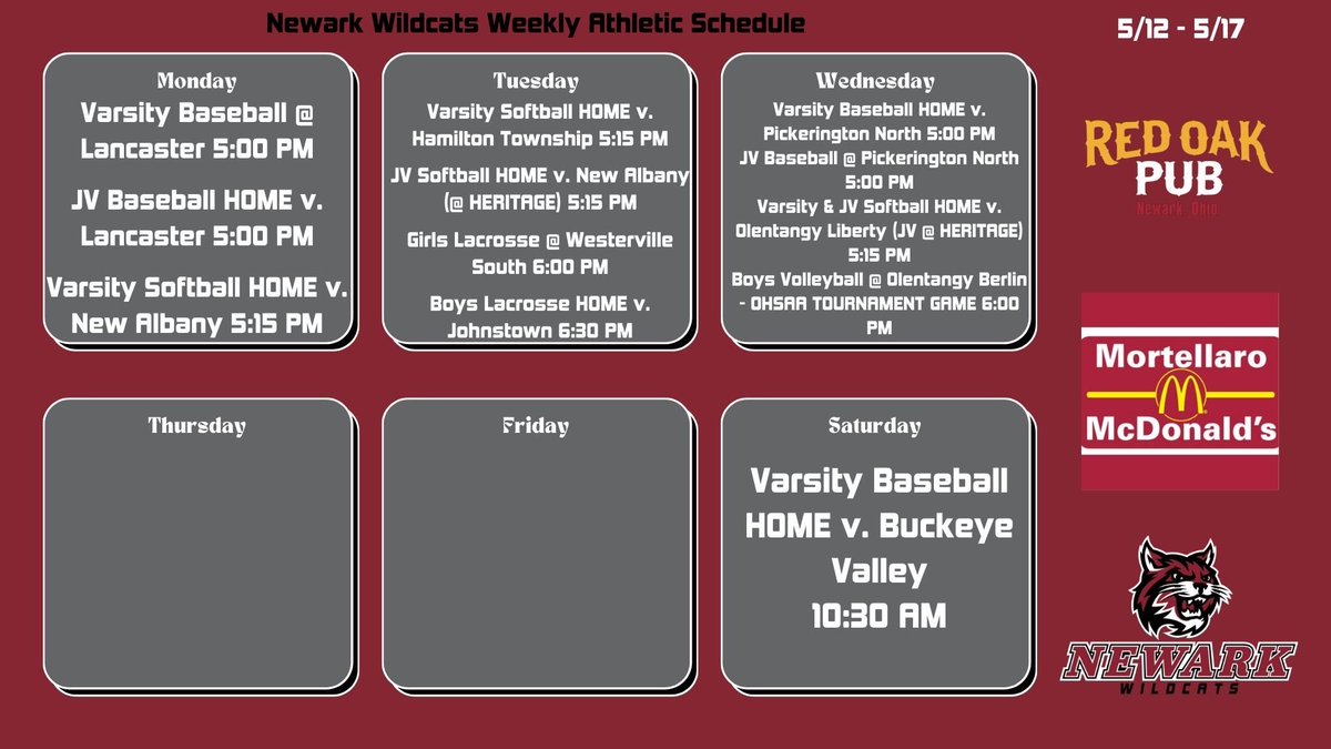 Check out this week’s athletics schedule sponsored by Mortellaro McDonald’s and Red Oak Pub. Come out and support our Wildcat athletes! #GoCats