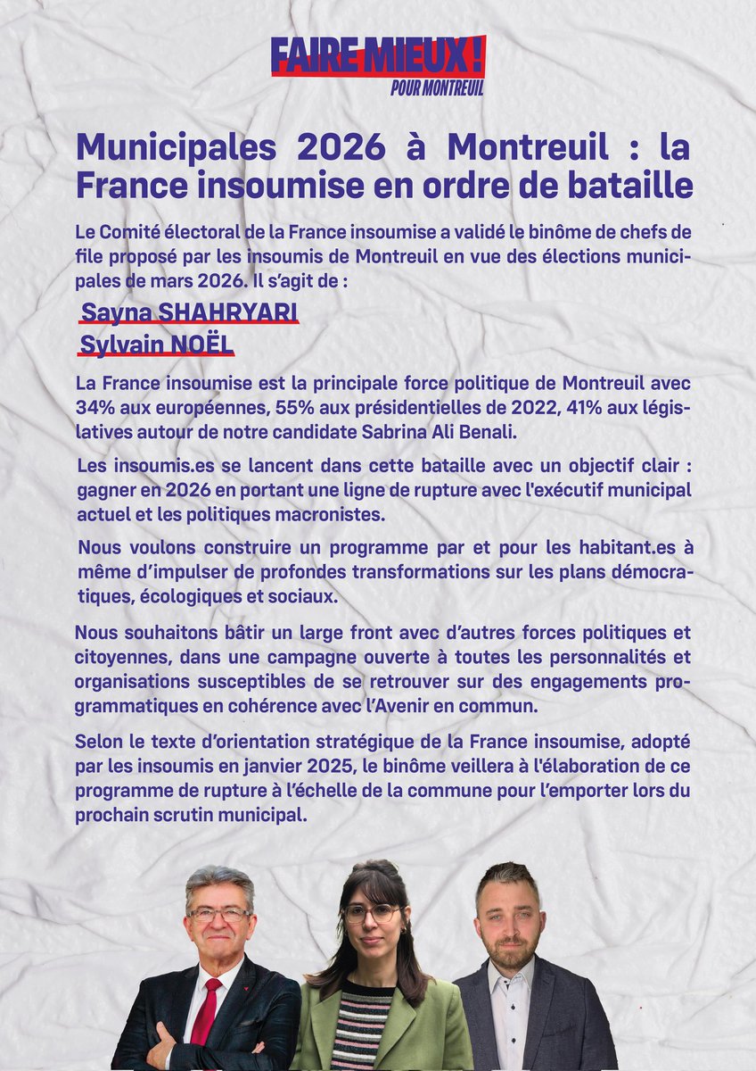 🔴 Faire mieux pour Montreuil ! Les insoumis ont désigné leur chefs de file pour les municipales : <a href="/SaynaShahr/">Sayna Shahryari</a> et <a href="/sylvainoel/">Sylvain NOEL</a>

Notre objectif est clair : gagner en 2026 en portant une ligne de rupture avec l'exécutif local et les politiques macronistes.
