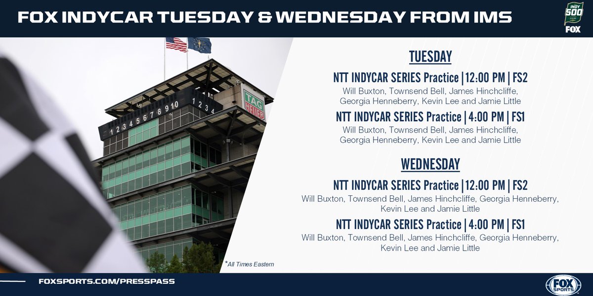 FOX Sports PR (@foxsportspr) on Twitter photo It's time! On-track activity for the 109th Running of the #Indy500 begins Tuesday, and @INDYCARonFOX has wall-to-wall coverage from <a href="/IMS/">Indianapolis Motor Speedway</a> from the first practice lap through the race May 25! bit.ly/459UpiP It's time! On-track activity for the 109th Running of the #Indy500 begins Tuesday, and @INDYCARonFOX has wall-to-wall coverage from <a href="/IMS/">Indianapolis Motor Speedway</a> from the first practice lap through the race May 25! bit.ly/459UpiP