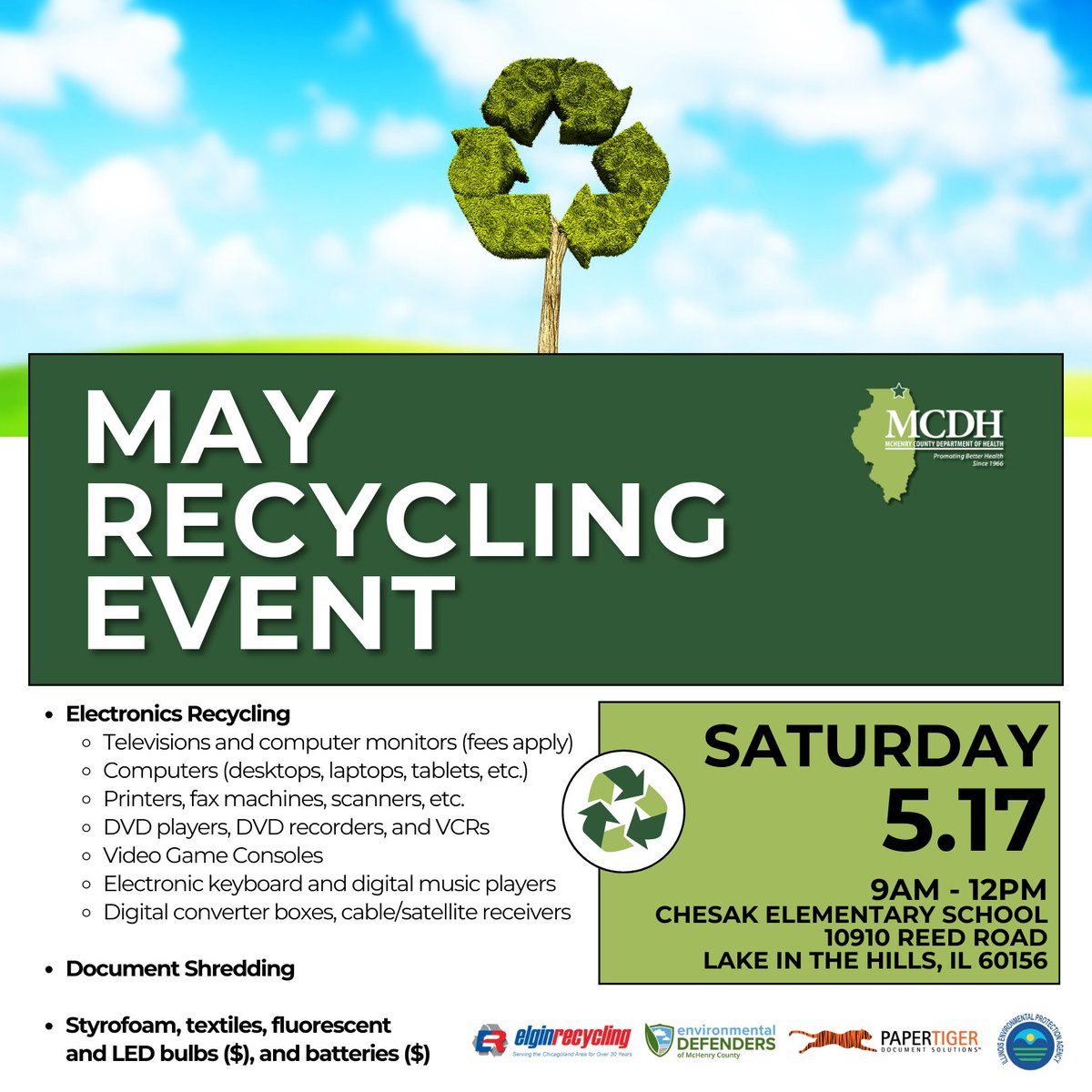 The MCDH is hosting a residential recycling event on Saturday, May 17, from 9AM–12PM at Chesak Elementary (10910 Reed Rd) in Lake in the Hills.

📺 Electronics (fees apply)
🗂️ Document shredding
🔋 Batteries, Styrofoam, textiles &amp; more!

Full details➡️ mcdh.link/solid-waste