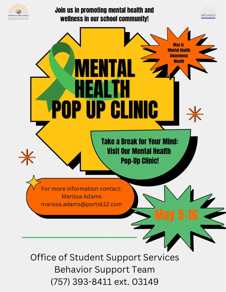Mar_AdamsPPS's tweet image. #MentalHealthAwarenessMonth continues this week! 💚
Big thanks to @CradockMS , @CradockES & @TruckersChMS for teaming up on last week's BST mental health pop-up clinics! Let’s keep the momentum—don’t forget to wear green tomorrow for #GreenUp Day!
@PortsVAschools