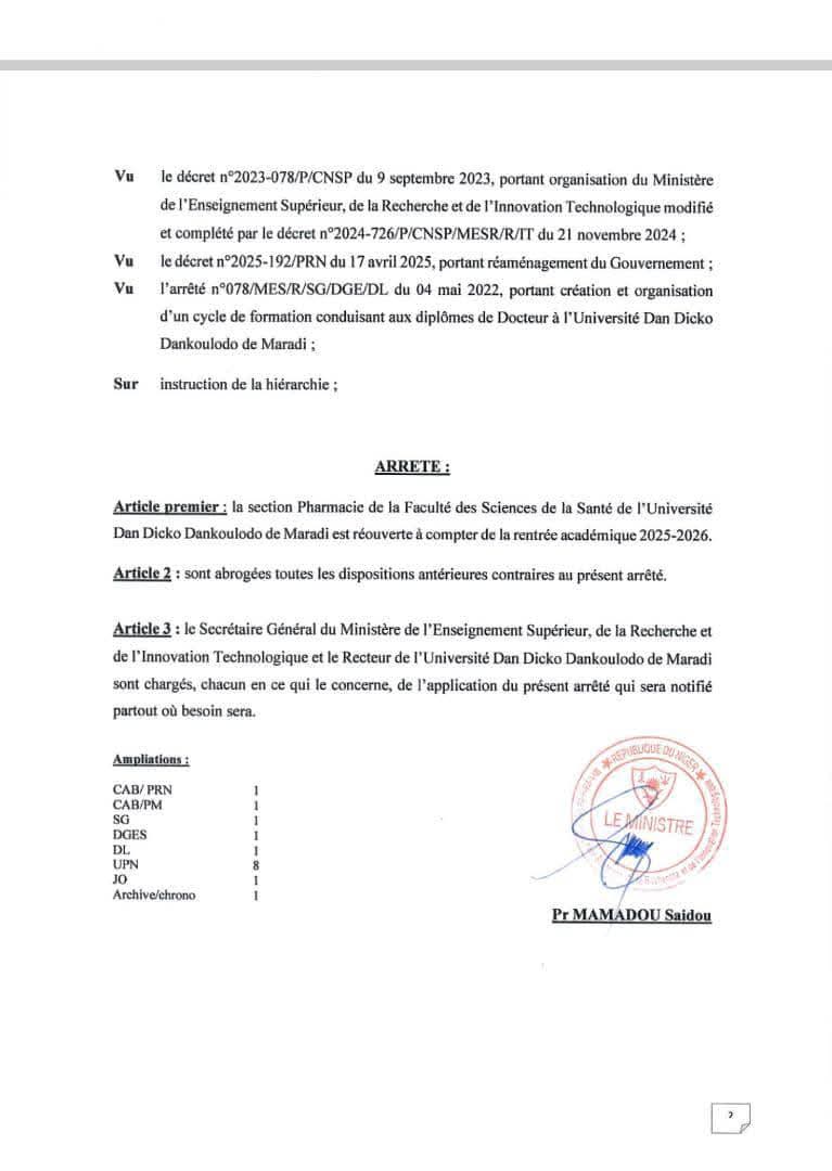 aboubacarybarma's tweet photo. #Niger #EnseignementSup
Université de #Maradi:
Arrêté portant réouverture de la section #Pharmacie à la Faculté des Sciences de la #Santé de l'Université Dan Dicko Dankoulodo de Maradi (#UDDM). https://t.co/TShxk9XV7A