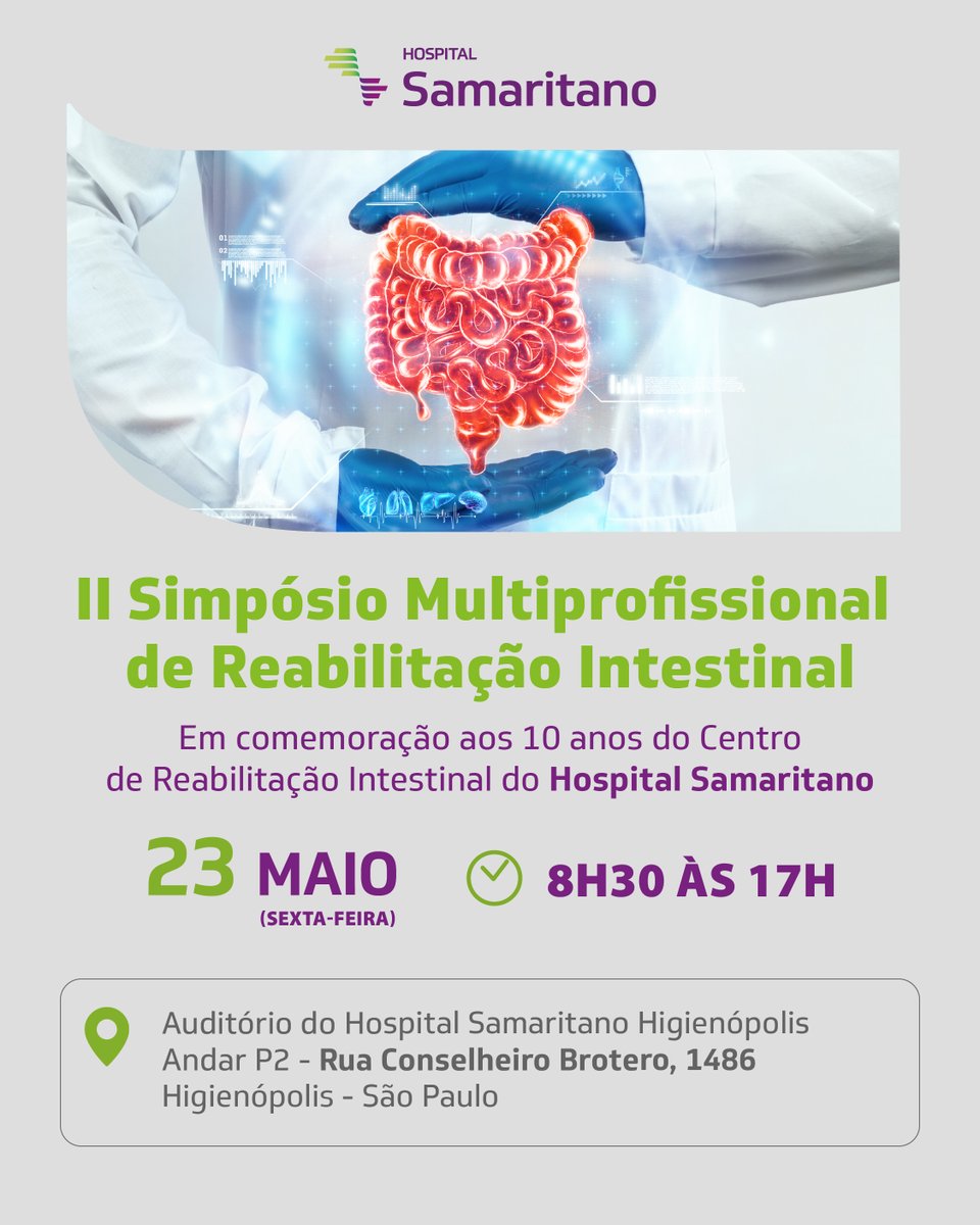 Em comemoração aos 10 do Centro de Reabilitação intestinal, o Hospital Samaritano está organizando o  “II Simpósio de Reabilitação Intestinal”

Confira a programação completa e garanta sua inscrição em: sympla.com.br/evento/23-05-i…

Participe!