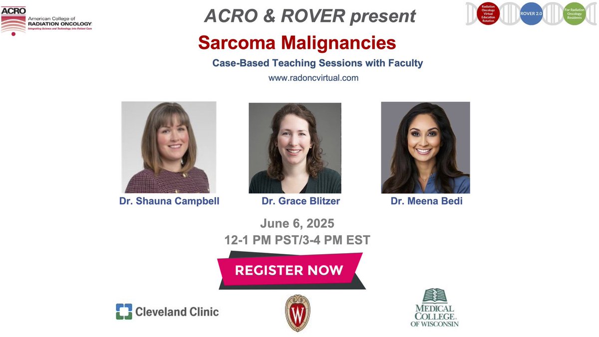 ACRO - American College of Radiation Oncology (@acroradonc) on Twitter photo Registration is open for the next <a href="/RadoncROVER/">ROVERRO</a> session on sarcoma malignancies taking place June 6 at 3 pm EST. Drs. <a href="/DrMeenaBedi/">Meena Bedi</a>, Grace Blitzer and <a href="/ShaunaRadOnc/">Shauna Campbell, DO</a> will be hosting a case based discussion. Register here: docs.google.com/forms/d/e/1FAI… Registration is open for the next <a href="/RadoncROVER/">ROVERRO</a> session on sarcoma malignancies taking place June 6 at 3 pm EST. Drs. <a href="/DrMeenaBedi/">Meena Bedi</a>, Grace Blitzer and <a href="/ShaunaRadOnc/">Shauna Campbell, DO</a> will be hosting a case based discussion. Register here: docs.google.com/forms/d/e/1FAI…