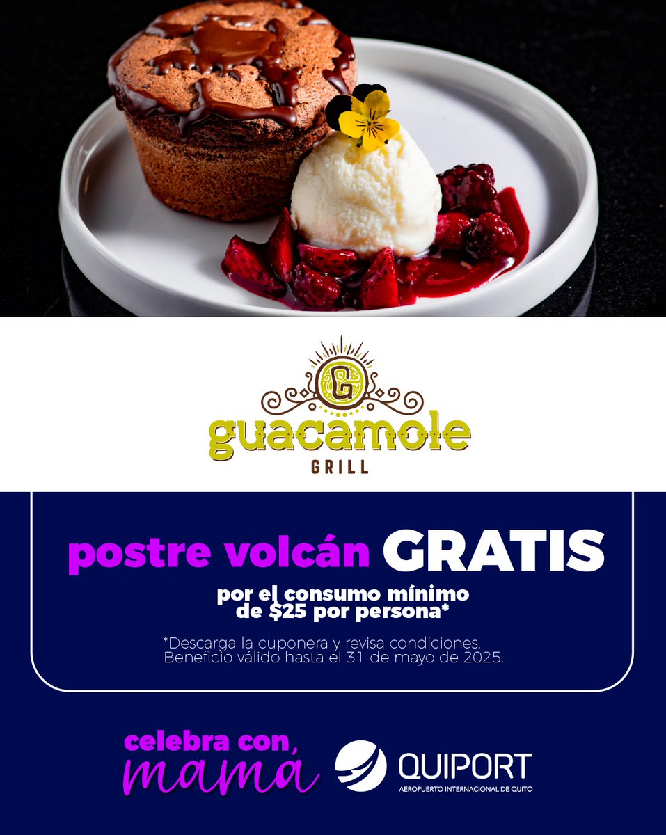 🍫🌸 Consiente a mamá con una explosión de sabor.
En Guacamole Grill, cada bocado es una fiesta… y hay una sorpresa dulce esperándolos.

📲 Descarga la cuponera digital, revisa condiciones y aprovecha esta deliciosa promo desde el #AeropuertoUIO:
👉 bit.ly/CuponeraMadreU…