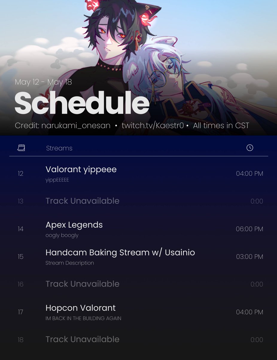 Kaestr0_'s tweet image. SCHEDULE 5.12 - 5.18 

YIPPEE A SCHEDULE CRAZY WOW I KNOW IM BACK BABY LETS GOOOOOOOOOOO