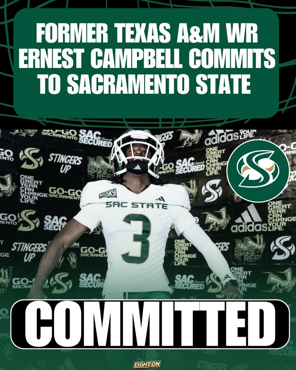 LIGHT ON COLLEGE SPORTS (@lightonsports) on Twitter photo Former Texas A&M 4-Star wide receiver Ernest Campbell has committed to Sacramento State, per <a href="/mzenitz/">Matt Zenitz</a>. ๐
Additionally, Campbell is an exceptional 100m collegiate track runner.
#GoGoSacramento <a href="/Ernesttheflash/">Ernest Campbell</a> Former Texas A&M 4-Star wide receiver Ernest Campbell has committed to Sacramento State, per <a href="/mzenitz/">Matt Zenitz</a>. ๐
Additionally, Campbell is an exceptional 100m collegiate track runner.
#GoGoSacramento <a href="/Ernesttheflash/">Ernest Campbell</a>