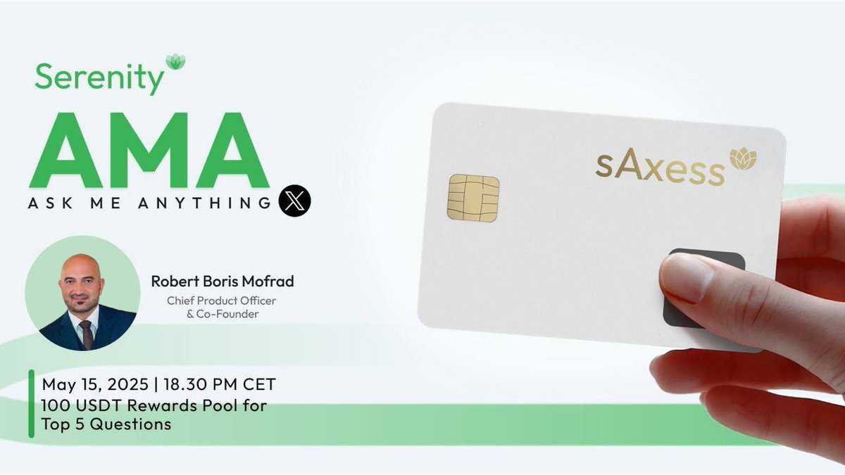 SerenityStech's tweet photo. 📣 AMA Alert: Straight Talk with Boris Mofrad 🎙

Want the inside scoop on Serenity’s future? Curious about our new partnership with MTA, the sAxess card, sBox, or what’s next for our product ecosystem? Now’s your chance to ask *anything* , directly and transparently. Join our exclusive AMA with Boris Mofrad, CPO & Co-Founder of Serenity.

🔹 Event Details  
📅 Date: Thursday, May 15, 2025  
⏰ Time: 6:30 PM CET  
📍 Where: X Spaces  
🎙 Guest: Boris Mofrad, CPO & Co-Founder of Serenity  

🎁 Reward for Insightful Questions  
The top 5 most thoughtful questions will each win 100 USDT. We’re looking for questions that are insightful, technical, challenging, or visionary—bring your A-game!

📝 How to Participate  
https://t.co/WDjGeZce32)  

Include your nickname or X handle.  
📌 Submission Deadline: May 15, 2025, at 3:00 PM CET  

Don’t miss this chance to gain clarity, connect with the Serenity team, and shape the conversation. Let’s make it a great AMA!

#AMA #SERENITY #Web3