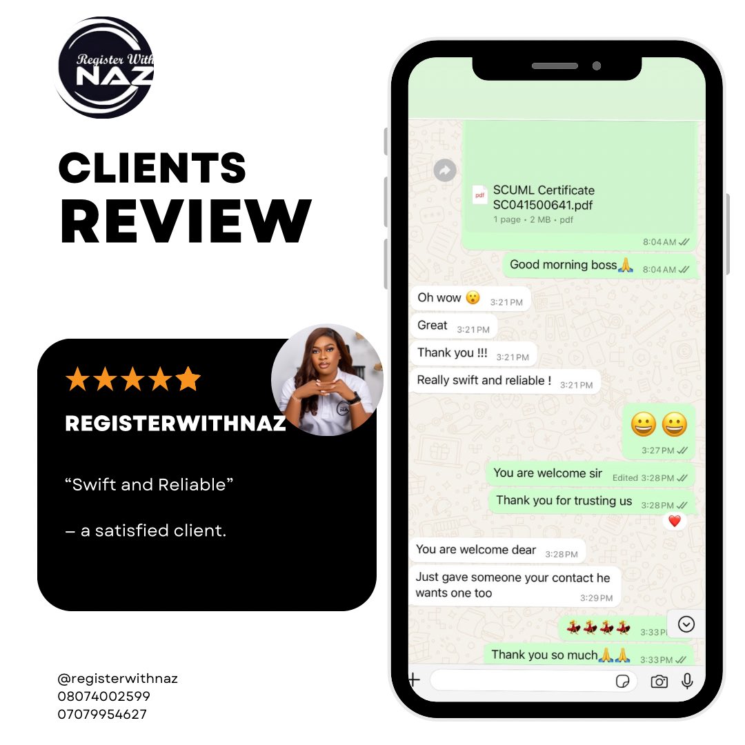 ChinazaAwadike's tweet image. Beautiful Review⭐️✨

Swift, seamless, and excellent service guaranteed🙌
We&apos;re thrilled about our satisfied client and grateful for the trust &amp;amp; referrals.

At Registerwithnaz, maximum client satisfaction is our top priority❣️

08074002599
#Registerwithnaz #SatisfiedClient