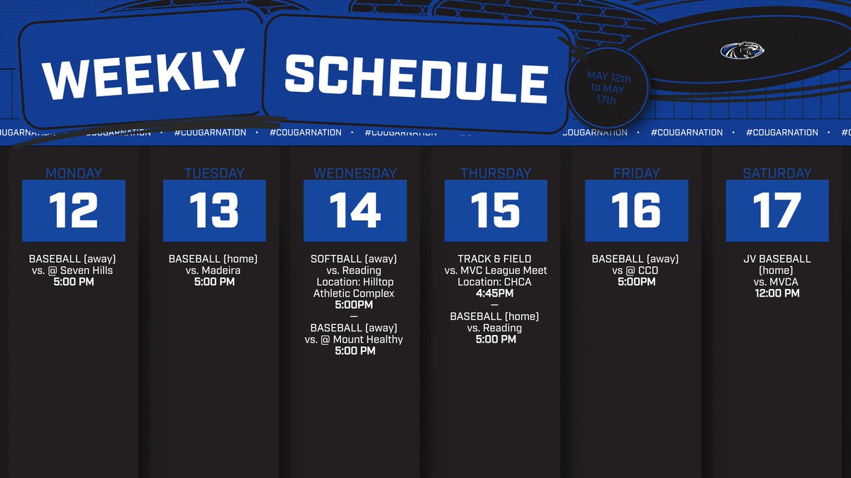 Here 👏 We 👏 Go 👏

Week of May 12th schedule

Good luck, #GoCougars 

🔗clarkmontessoriathletics.com
