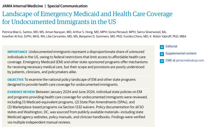 In this nationwide assessment of #EmergencyMedicaid &amp; other state policies designed to expand #immigrant healthcare coverage, we found access to care for #UndocumentedImmigrants remains fragmented, inconsistent, &amp; largely limited to the emergency setting.

jamanetwork.com/journals/jamai…