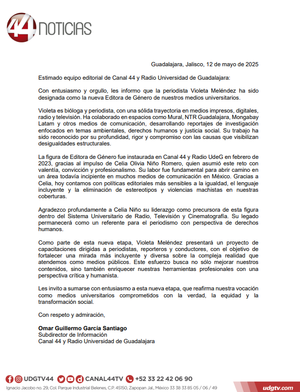 omar_comunica's tweet photo. Nuestra compañera @viogu será la nueva editora de género en los medios universitarios de la @udg_oficial, un esfuerzo que seguimos haciendo como medio público comprometido con los DDHH. 
Muchas gracias a @yoCelia por toda la chamba que hizo para generar políticas de igualdad. https://t.co/MytsnK2UAC