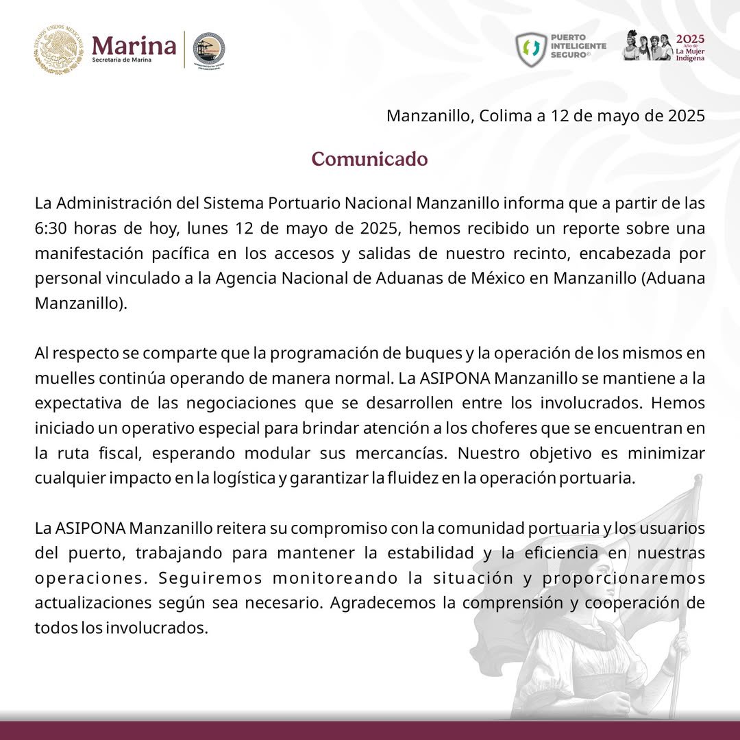📌 ¡Ya hay comunicado de la ASIPONA Manzanillo ante las protestas gestadas esta mañana! 🤯⚠️

🔎 “La ASIPONA Mananillo se mantiene a la expectativa de las negociaciones que se desarrollen entre los involucrados”