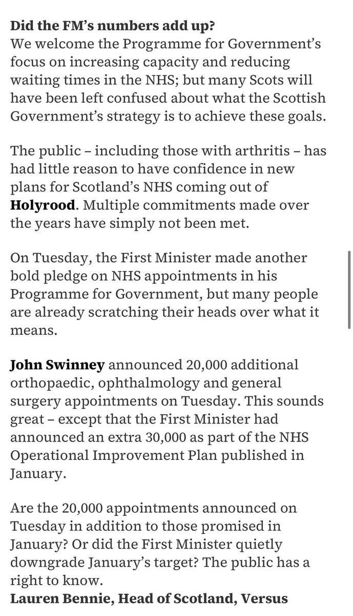 Lauren Bennie (@lauren_bennieuk) on Twitter photo Did <a href="/JohnSwinney/">John Swinney</a>’s Gov. downgrade 30,000 more appointments to 20,000 in his PfG?
In <a href="/heraldscotland/">The Herald</a> I ask for clarity: Can we expect a 50,000 total for orthopaedics, ophthalmology & general surgery?
In Jan, <a href="/neilcgray/">Neil Gray MSP</a> & <a href="/ScotGovFM/">First Minister</a> announced 30k, last week the figure was 20k 🤔 Did <a href="/JohnSwinney/">John Swinney</a>’s Gov. downgrade 30,000 more appointments to 20,000 in his PfG?
In <a href="/heraldscotland/">The Herald</a> I ask for clarity: Can we expect a 50,000 total for orthopaedics, ophthalmology & general surgery?
In Jan, <a href="/neilcgray/">Neil Gray MSP</a> & <a href="/ScotGovFM/">First Minister</a> announced 30k, last week the figure was 20k 🤔
