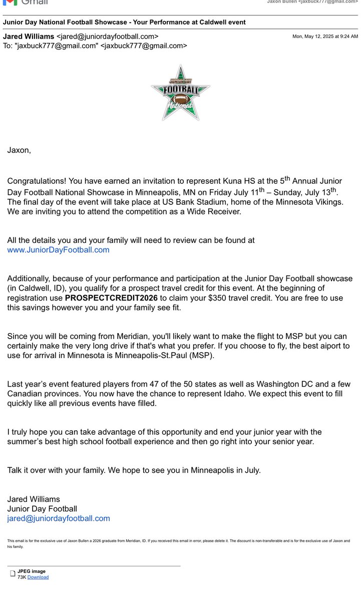 After a great camp this last weekend I am blessed to have the chance to represent <a href="/KavemanFootball/">KavemanFootball</a> at the junior day football national showcase in Minneapolis in July!! <a href="/Coach_Smith_83/">Beau Smith</a>  <a href="/CoachJBravo/">Coach Bravo</a>