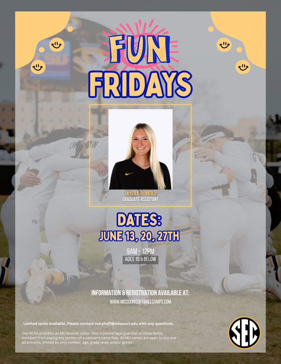 Summer Junior Tiger Camps Now Available! 🌞🌞

More information available at: MissouriSoftballCamps.com

#OwnIt