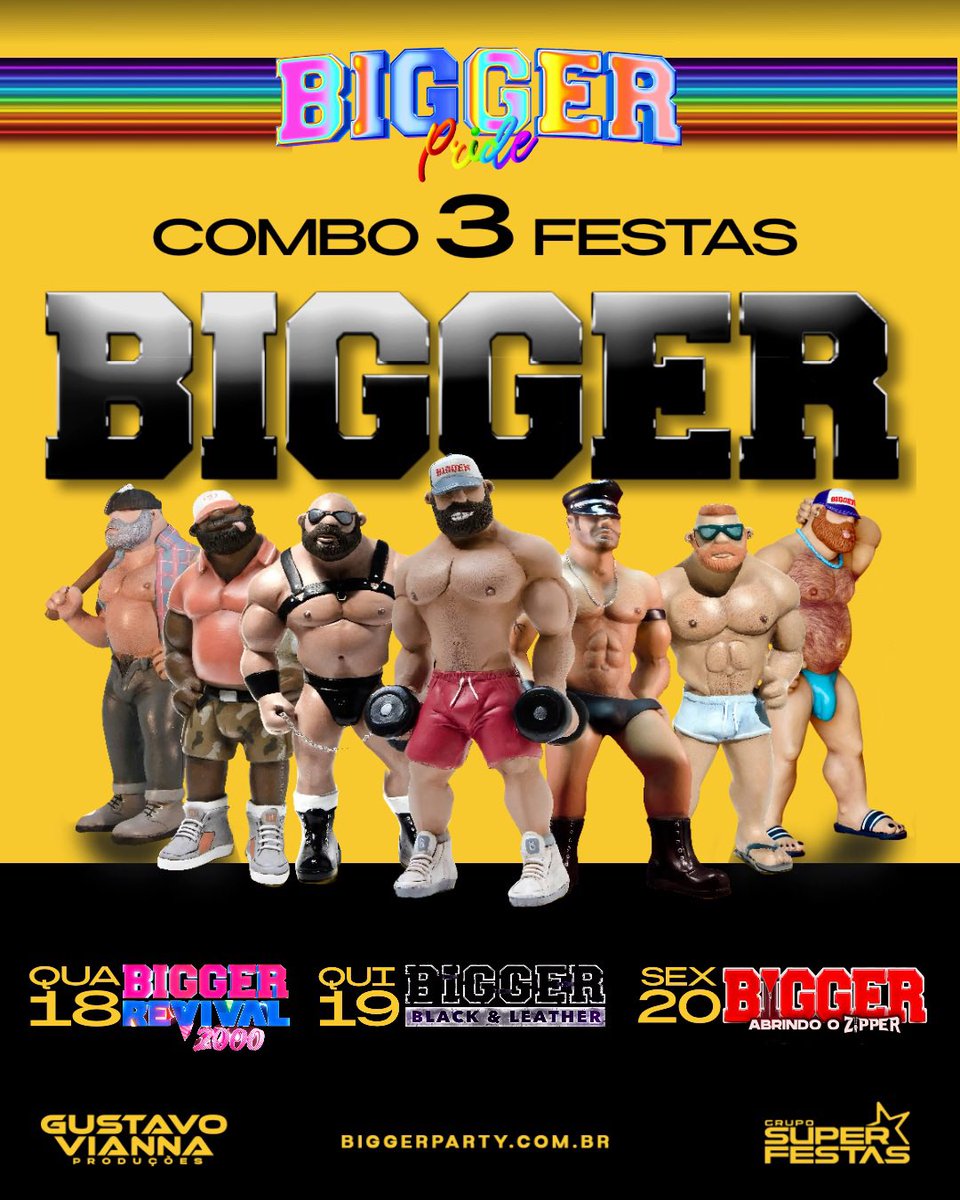 🌈🐻BIGGER PRIDE • COMBO 3 FESTAS

🪩BIGGER REVIVAL 2000 com DJ ABEL🇺🇸 Long Set
Quarta 18.06, 23h - Usine Club

♟️BIGGER BLACK &amp; LEATHER com DJ ALLE REICH🇺🇸
Quinta 19.06, 23h - HeyHey Club

🔥MEGA ZIPPER com JOSE RENDON🇮🇪
Sexta 20.06, 23h - Blue Space

🎟️bit.ly/ComboBiggerPri…