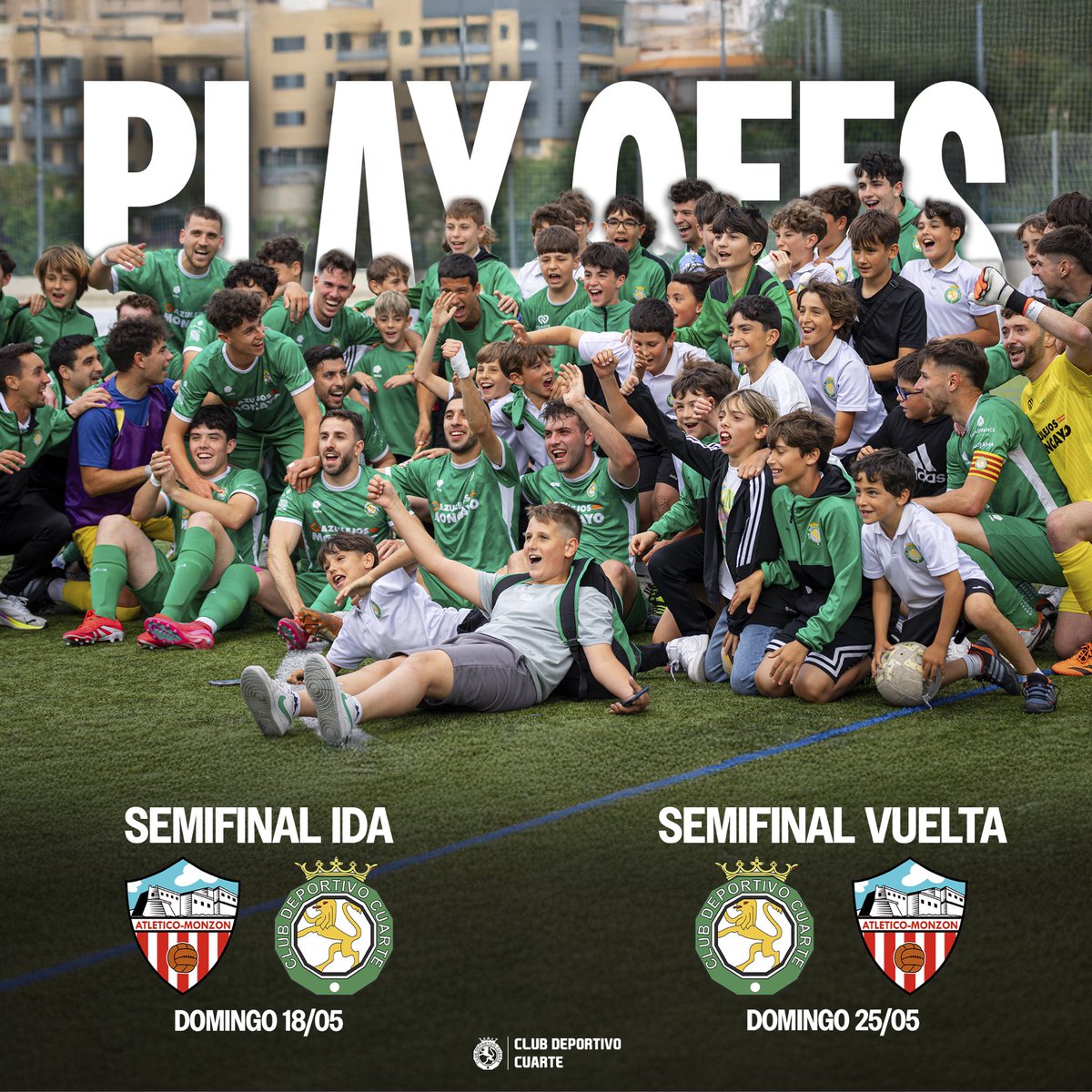 🟢 PLAY OFF DE ASCENSO A 2 RFEF 🟢

Una vez conocido nuestro rival para esta eliminatoria, será el At. Monzón contra quien disputaremos dos partidos. 🙌

¡Os esperamos a todos afición! 🧑‍🧑‍🧒‍🧒

¿Y si este año si? Vamos verdes 💚

#Aúpacuarte