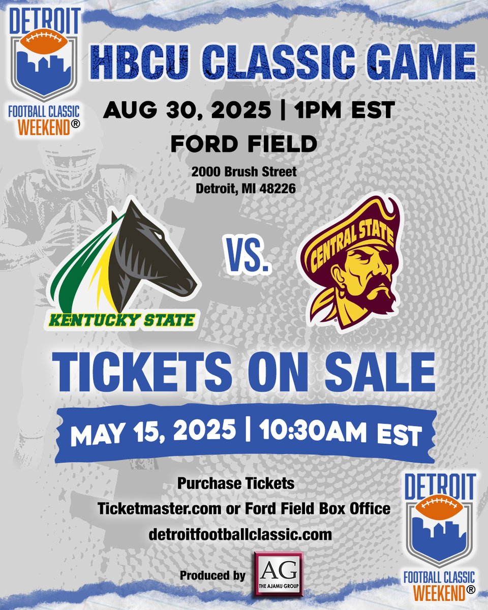 🎉 IT’S OFFICIAL! 🎉

Kentucky State University is headed to Ford Field for the 2025 @DetroitFootballClassic! Mark your calendars for Aug. 30th as your Kentucky State Thorobreds take on Central State. Tickets will go on sale this Thursday, May 15 at 10:30 a.m. 

#KSUFB