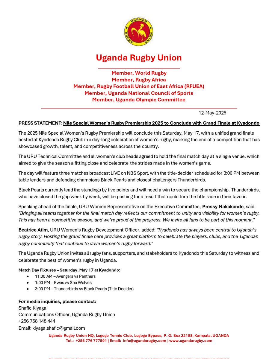 Uganda Rugby Premiership (@rugbypremierug) on Twitter photo The 2025 Womenβs #RugbyPremiershipUG wraps up this Saturday, May 17 at <a href="/Kyadondo_Rugby/">Kyadondo Rugby Football Club</a> with a grand finale!
3 matches. 1 title decider.
π₯ LIVE on @nbssportug
Be there to witness womenβs rugby at its finest!
#UgandaRugby #NileSpecialRugby #EnergizeyourGame The 2025 Womenβs #RugbyPremiershipUG wraps up this Saturday, May 17 at <a href="/Kyadondo_Rugby/">Kyadondo Rugby Football Club</a> with a grand finale!
3 matches. 1 title decider.
π₯ LIVE on @nbssportug
Be there to witness womenβs rugby at its finest!
#UgandaRugby #NileSpecialRugby #EnergizeyourGame