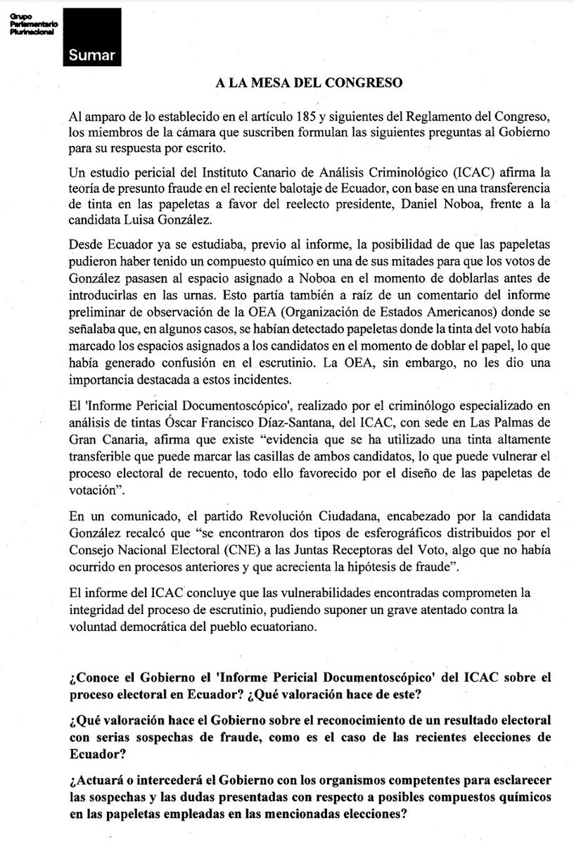 La hipótesis de fraude en las elecciones de Ecuador cobra fuerza.

Al Estado de excepción y el Ejército en la calle para amedrentar al pueblo, se le suma el uso de una tinta transferible que habría vulnerado la integridad del recuento.

Noboa está instaurando una dictadura.