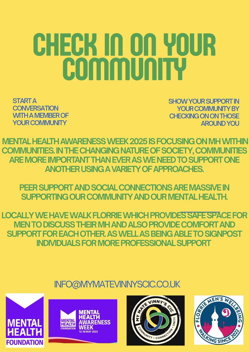 My Mate Vinny's CIC (@mymatevinnyscic) on Twitter photo As part of #MentalHealthAwarenessWeek we've decided to share some groups we think who alongside ourselves believe in the power of this years theme of community. Today we've chose our friends <a href="/WalkFlorrie/">Florrie Mens Well Being Walk</a> who walk every Monday and Friday from <a href="/TheFlorrie/">The Florrie</a> #ConnectionCommunityUnity As part of #MentalHealthAwarenessWeek we've decided to share some groups we think who alongside ourselves believe in the power of this years theme of community. Today we've chose our friends <a href="/WalkFlorrie/">Florrie Mens Well Being Walk</a> who walk every Monday and Friday from <a href="/TheFlorrie/">The Florrie</a> #ConnectionCommunityUnity