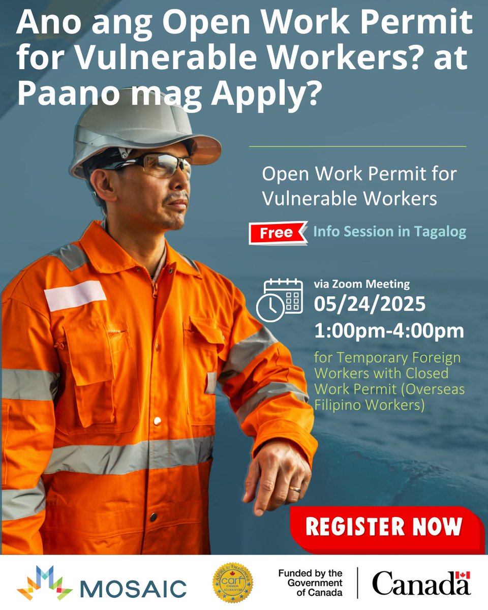 Are you a Filipino Temporary Foreign Worker with a closed work permit?
You may be eligible for an Open Work Permit for Vulnerable Workers. Join our FREE Session in Tagalog to learn how to apply.

🔗 Register: mosaicbc.org/event/workers-….
Please share with friends who might need this!