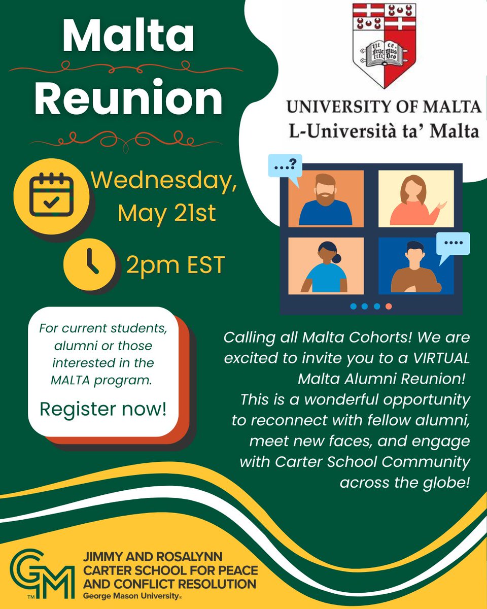 We want to see you at the Virtual Malta Alumni Reunion!

💬 Share stories, meet new faces, and connect with Carter School students, alumni, and faculty from around the world.

🎉 All Malta cohorts welcome—past, present, and future!
🔗 ow.ly/yIAe50VOXAA