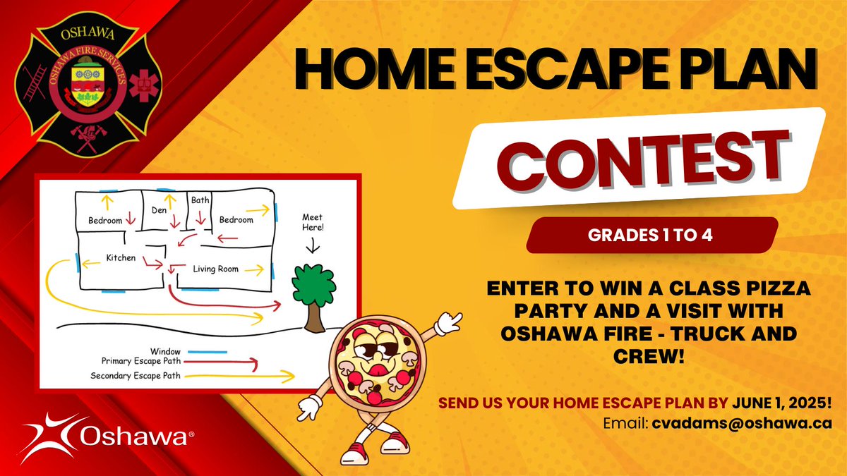 Oshawa Fire Services (@oshawafire) on Twitter photo 🏠🔥SCHOOL HOME ESCAPE PLAN CONTEST🏠🔥
‼️Grades 1–4, here’s your chance‼️Submit your Home Escape Plan by June 1 to cvadams@oshawa.ca
🏆 Winner announced June 3‼️
Questions❓Email nchartrand@oshawa.ca
#StudentContest #StayFireSafe #HomeEscapePlan
<a href="/oshawacity/">City of Oshawa</a>
<a href="/iafflocal465/">Oshawa Fire Fighters</a> 🏠🔥SCHOOL HOME ESCAPE PLAN CONTEST🏠🔥
‼️Grades 1–4, here’s your chance‼️Submit your Home Escape Plan by June 1 to cvadams@oshawa.ca
🏆 Winner announced June 3‼️
Questions❓Email nchartrand@oshawa.ca
#StudentContest #StayFireSafe #HomeEscapePlan
<a href="/oshawacity/">City of Oshawa</a>
<a href="/iafflocal465/">Oshawa Fire Fighters</a>