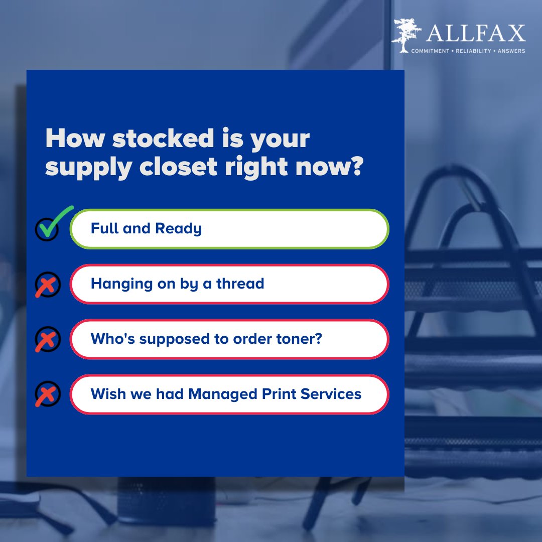 allfax_inc's tweet image. Print supplies always run out at the worst time.
 Be honest—how stocked is your supply closet right now?

 Take the guessing out of supply runs.
 
Request a free assessment: allfax.com/solutions/mana… 
 #ManagedPrintServices #OfficeProblems #AllfaxCares #LocalSupport