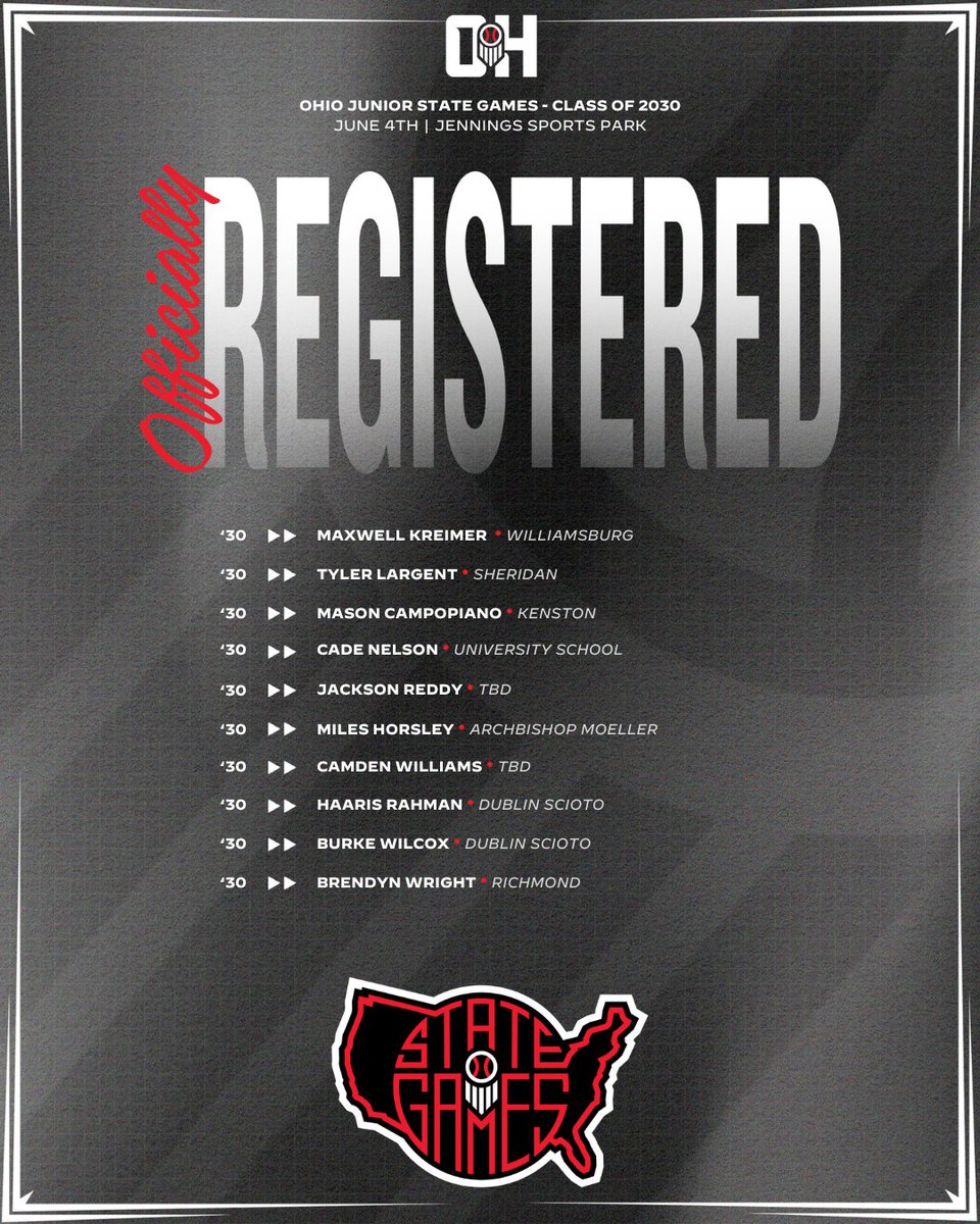 Prep Baseball Ohio (@prepbaseballoh) on Twitter photo ๐๐ก๐ข๐จ ๐๐ฎ๐ง๐ข๐จ๐ซ ๐๐ญ๐๐ญ๐ ๐๐๐ฆ๐๐ฌ - ๐๐ฅ๐๐ฌ๐ฌ ๐จ๐ ๐๐๐๐
๐๏ธ June 4th
๐๏ธ Jennings Sports Park
๐ค Class Of 2030 Grads
Secure your spot ๐ loom.ly/iggMzfo
Welcome to the following players โฌ๏ธ
<a href="/Burkewilcox34/">Burke Wilcox</a> @Kshea36 <a href="/MaynePlotts/">Mayne Plotts</a> <a href="/GabePatt13/">Gabe Patterson</a> <a href="/cole_wilk13/">Cole Wilkinson</a> ๐๐ก๐ข๐จ ๐๐ฎ๐ง๐ข๐จ๐ซ ๐๐ญ๐๐ญ๐ ๐๐๐ฆ๐๐ฌ - ๐๐ฅ๐๐ฌ๐ฌ ๐จ๐ ๐๐๐๐
๐๏ธ June 4th
๐๏ธ Jennings Sports Park
๐ค Class Of 2030 Grads
Secure your spot ๐ loom.ly/iggMzfo
Welcome to the following players โฌ๏ธ
<a href="/Burkewilcox34/">Burke Wilcox</a> @Kshea36 <a href="/MaynePlotts/">Mayne Plotts</a> <a href="/GabePatt13/">Gabe Patterson</a> <a href="/cole_wilk13/">Cole Wilkinson</a>