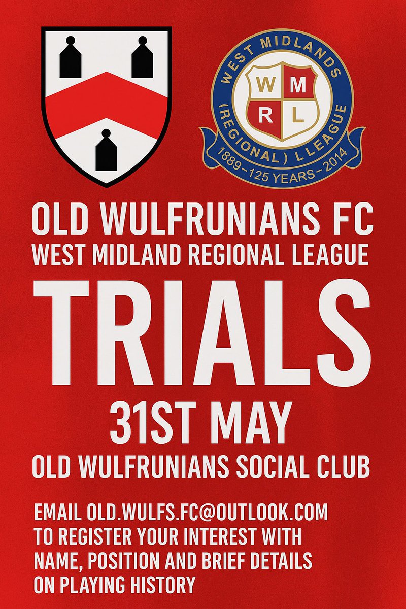 Old Wulfrunians JFC (@oldwulfsjfc) on Twitter photo Our First team are entering the West Midland Regional League next season and we are inviting players for trails
Trails to be held on the 31st May
Please register your interest on the email below
old.wulfs.fc@outlook.com
🔴⚪️🐺 #UptheWulfs Our First team are entering the West Midland Regional League next season and we are inviting players for trails
Trails to be held on the 31st May
Please register your interest on the email below
old.wulfs.fc@outlook.com
🔴⚪️🐺 #UptheWulfs