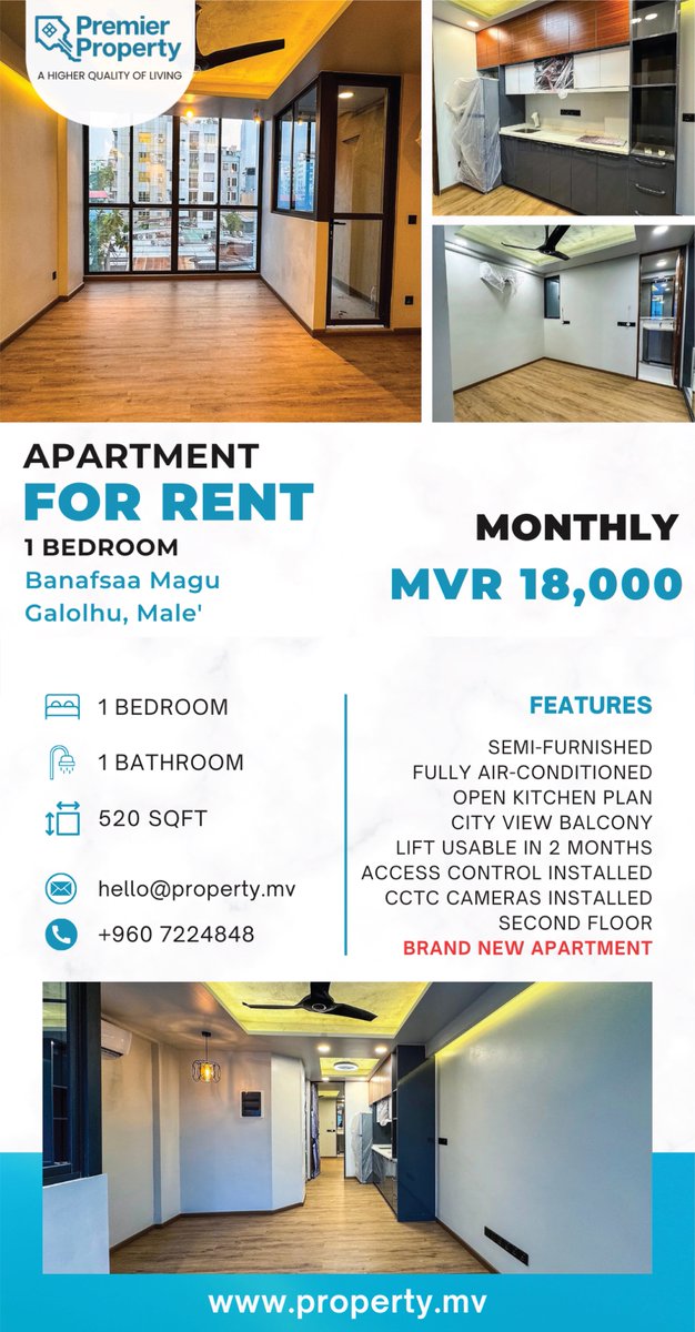 🏡 Brand new 1 bedroom apartment in Banafsaa Magu, Galolhu, Male’.

Note: Expatriates are preferred for this unit.

* Floor Area: 520 sqft
* Rent: MVR 18,000/Month
* Security Deposit: 2 months

Lease Term: Minimum of 2 years

This 2nd floor unit is well ventilated, provides