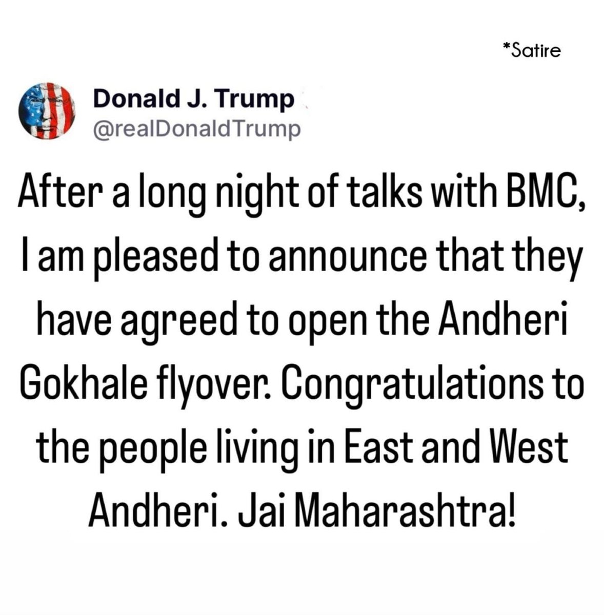 Thank you <a href="/realDonaldTrump/">Donald J. Trump</a> 🙏. Now the people of east and west andheri can trade with each other!
