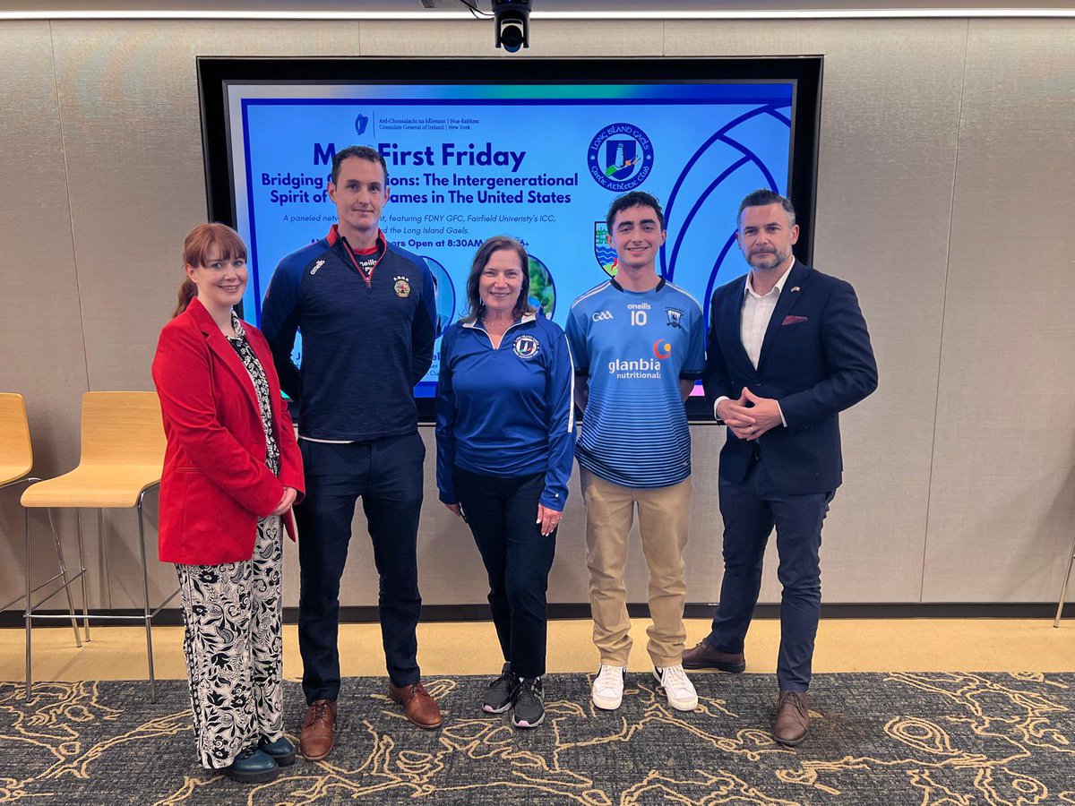 IrelandinNY's tweet image. Another #FirstFriday in the books! Thank you to our panelists, Jackie Kerr of Long Island Gaels, Shane Slattery of FDNY GFC, and Nolan Heffelfinger of @FairfieldU’s Irish Cultural Club &amp;amp; Hartford GAA. A great morning recognizing the ever-growing nature of Gaelic games across the