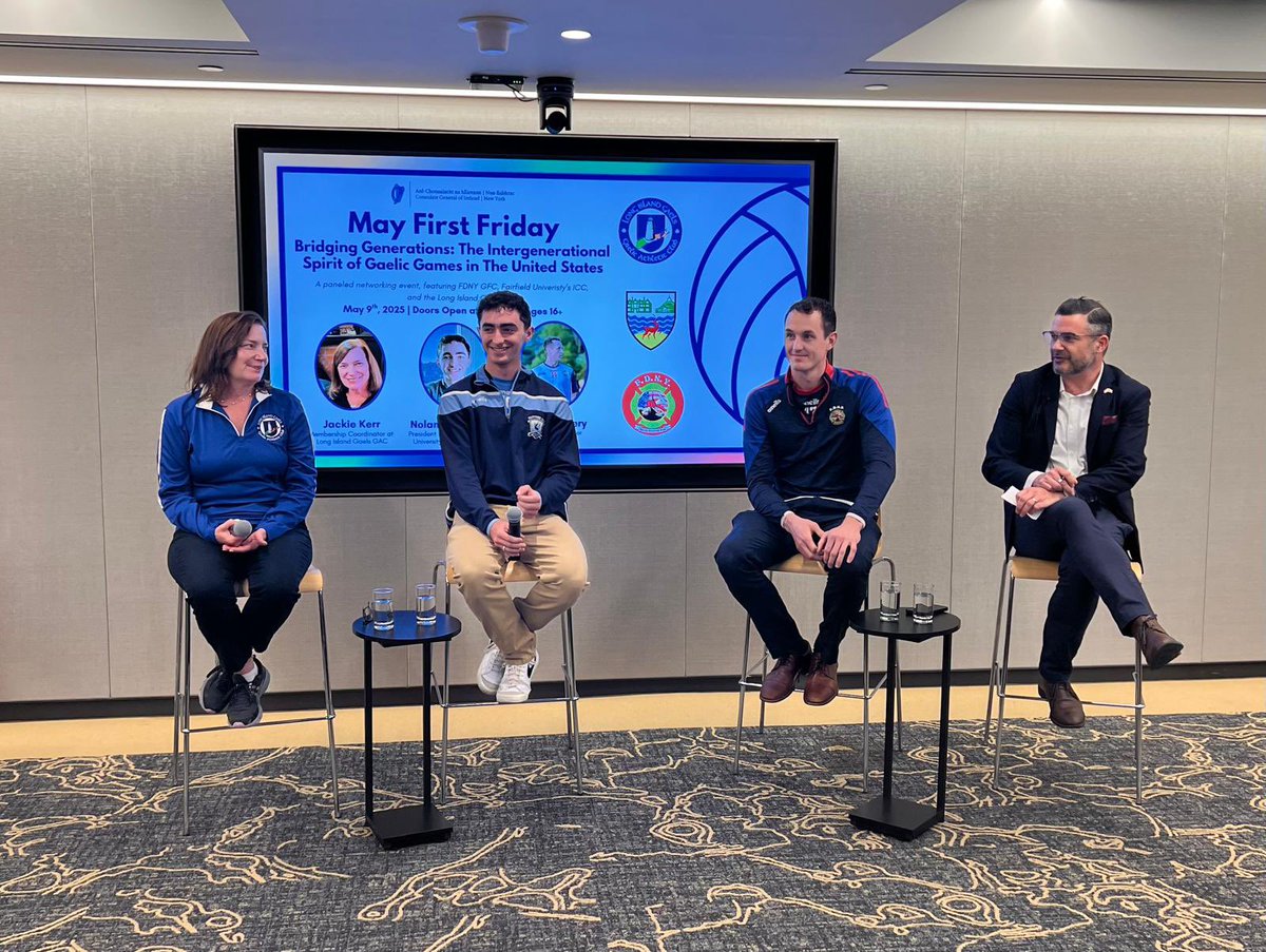 IrelandinNY's tweet image. Another #FirstFriday in the books! Thank you to our panelists, Jackie Kerr of Long Island Gaels, Shane Slattery of FDNY GFC, and Nolan Heffelfinger of @FairfieldU’s Irish Cultural Club &amp;amp; Hartford GAA. A great morning recognizing the ever-growing nature of Gaelic games across the