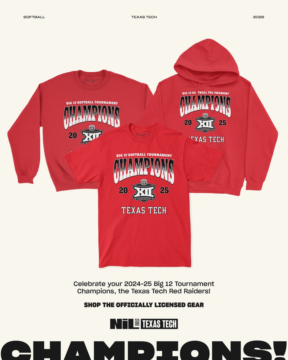 Texas Tech NIL Store (@texastechnil) on Twitter photo Big 12 Champs! Congrats <a href="/TexasTechSB/">Texas Tech Softball</a>!
Shop title apparel and individual player merch: nil.store/texas-tech/col… Big 12 Champs! Congrats <a href="/TexasTechSB/">Texas Tech Softball</a>!
Shop title apparel and individual player merch: nil.store/texas-tech/col…