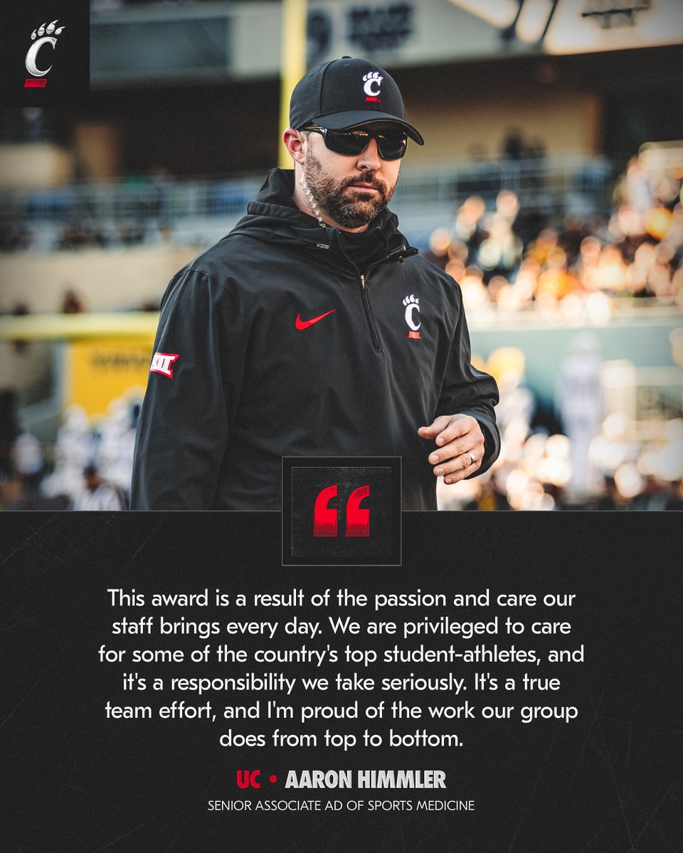 Cincinnati Football (@gobearcatsfb) on Twitter photo The best of the best 👏
Thank you and congrats to <a href="/AaronHimmlerAT/">Aaron Himmler</a> and the entire sports medicine team The best of the best 👏
Thank you and congrats to <a href="/AaronHimmlerAT/">Aaron Himmler</a> and the entire sports medicine team